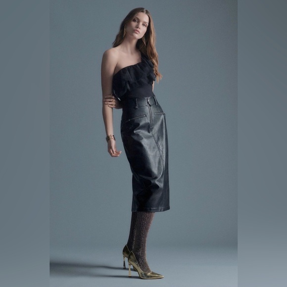 NWOT Anthropologie Pilcro Faux Leather Moto Midi Skirt 2 Pencil Vegan Punk Black - Picture 2 of 16